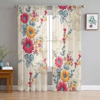 Шифоновые прозрачные шторы с акварельными цветами и узорами для гостиной, спальни, украшения, оконные тюлевые шторы, шторы 135W x 114H(cm)