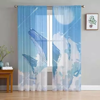 Шифоновые прозрачные шторы с изображением кита, голубого неба, метеора, звезды, облака для гостиной, украшения дома, оконная вуаль, тюлевые шторы 135W x 114H(cm)