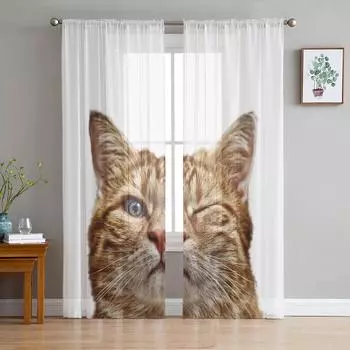 Шифоновые прозрачные шторы с изображением животных, милых кошек и домашних животных для гостиной, спальни, украшения дома, оконные вуали, тюль, занавески, драпировки W135 x H114cm