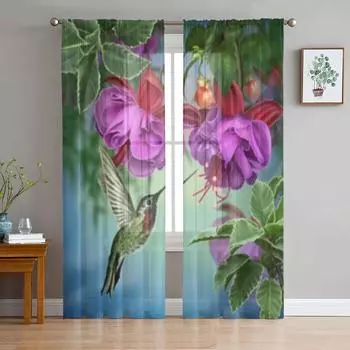 Шифоновые прозрачные шторы с колибри и ветками для гостиной, спальни, украшения, тюлевые шторы для окон, шторы 135W x 114H(cm)