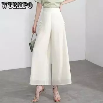 Шифоновые широкие брюки, женские юбки с разрезом, летние брюки, женские укороченные брюки трапециевидной формы с высокой талией M чёрный