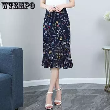 Шифоновые юбки с цветочным принтом. Женская одежда. Летние узкие юбки с промежностью. Эластичные юбки с высокой талией. S