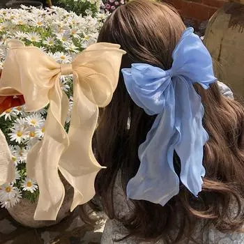 Шифоновые заколки для волос с бантом для девочек, милые синие блестящие атласные заколки-банты, заколка-лента с бантом, заколка-хвост, головной убор бежевый