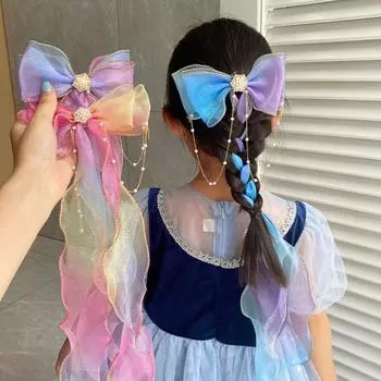 Шифоновые заколки для волос с бантом для маленьких девочек, красочные длинные ленты, детские заколки для волос, милая принцесса, детские аксессуары для волос, новый стиль