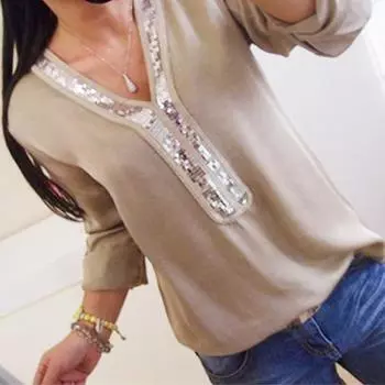 Шифоновые женские блузки с v-образным вырезом и длинными рукавами и блестками, тонкая одежда, повседневные весенние женские топы больших размеров S белый