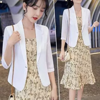 Шифоновый белый пиджак женский короткий топ летний тонкий костюм M белый