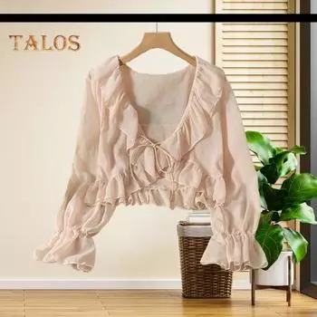 Шифоновый кардиган с V-образным вырезом на шнуровке, легкая рубашка, однотонная, с оборками, летняя тонкая рубашка с защитой от солнца, повседневная одежда абрикосовый