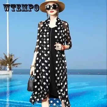 Шифоновый кардиган в горошек средней длины, солнцезащитная одежда, женская свободная тонкая куртка с шалью большого размера, пляжная куртка с кондиционером XXXXL чёрный