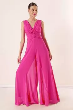 Шифоновый комбинезон с низким вырезом спереди и сзади на подкладке с V-образным вырезом