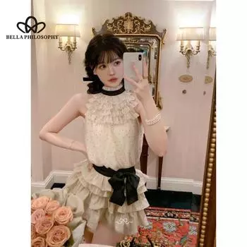 Шифоновый топ без рукавов Sweet Wave в горошек, женский милый многослойный юбка-пачка с бантом, костюм из двух предметов S бежевый