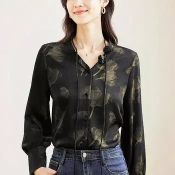 Шифоновый топ для женщин с длинными рукавами, весенняя рубашка нового стиля, легкая роскошная рубашка высокого класса с французским принтом S