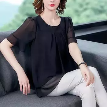 Шифоновый топ, летняя женская одежда, закрывающая живот, чтобы показать тонкую футболку с короткими рукавами, свободную маленькую рубашку большого размера в западном стиле L чёрный