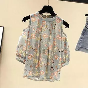 Шифоновый топ с открытыми плечами и короткими рукавами с принтом, женская блузка больших размеров для женщин XXXXL