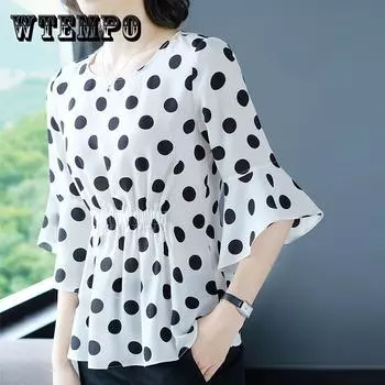 Шифоновый топ с волнистой точкой, женская блузка со средним рукавом, летняя рюшами на талии, тонкий шифоновый топ, женская рубашка в иностранном стиле XXXXL белый