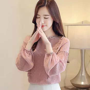 Шифоновый топ, женская весенняя одежда, рукава-фонарики, свободная шифоновая рубашка, базовая рубашка с длинными рукавами S розовый