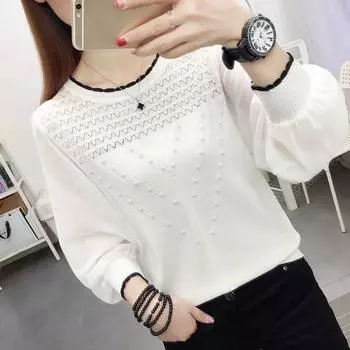 Шифоновый трикотаж из ледяного шелка, пуловер, новый весенне-осенний свитер с длинными рукавами и круглым вырезом, темпераментный топ, тонкий свободный свитер One Size чёрный