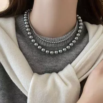 Shijia Zhenduo Linen Silver Gray Pearl Necklace Women Light Luxury High-Grade Sense Versitile Fashion Magnetic Buckle Necklace Accessories Elegant Matching_4mm +10mm [Two-piece set]] S