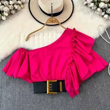 Шикарная блузка Blusas De Mujer с косым воротником и воланами, нерегулярная блузка Ins для женщин, однотонная, со складками на поясе, Camisas, летняя дропшиппинг One Size зелёный