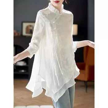 Шикарная блузка с пряжкой, расписанная тушью, для женщин - неровный подол, летний стиль, топ с шифоновыми рукавами M белый