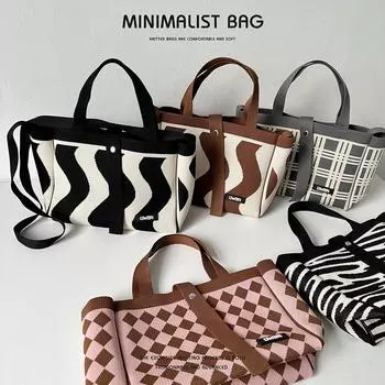 Шикарная черно-белая вязаная сумка-тоут с ромбовидным узором — повседневная, универсальная, вместительная сумка через плечо