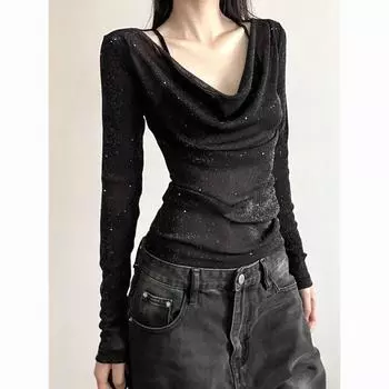 Шикарная футболка с V-образным вырезом и длинным рукавом, женская дизайнерская футболка Sense of Fashion, микропрозрачная, для похудения, Spice Girl, топ-тренд S чёрный