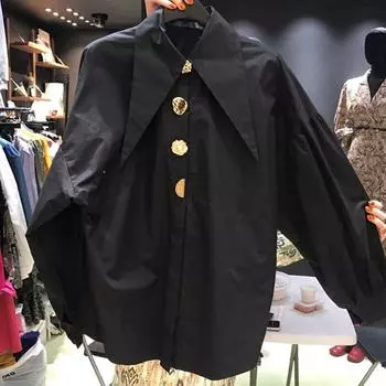 Шикарная хлопковая белая рубашка на пуговицах, женская весенняя повседневная офисная женская блузка, свободные рубашки-фонарики с длинными рукавами, топы, Blusas 15631 S чёрный