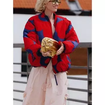 Шикарная хлопковая куртка с цветным принтом на молнии для женщин, модная короткая толстая куртка с круглым вырезом и длинным рукавом, зимняя женская верхняя одежда для улицы S красный