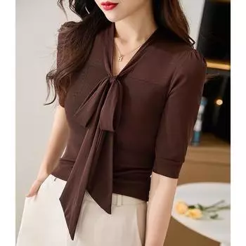 Шикарная и элегантная сетчатая блузка с V-образным вырезом и короткими рукавами для женщин большого размера, которая закрывает живот и подчеркивает эффект похудения M