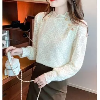 Шикарная и универсальная кружевная рубашка для женщин, нижняя рубашка с полувысоким воротником, модный топ XL бежевый