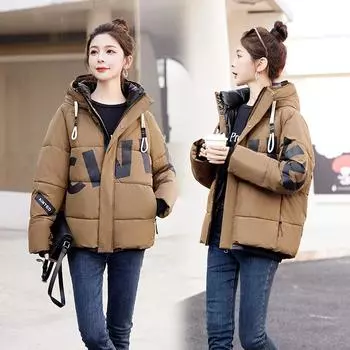 Шикарная короткая стеганая куртка зимняя женская парка с буквенным принтом теплая свободная куртка с длинным рукавом на молнии с хлопковой подкладкой дизайнерское стеганое пальто M чёрный