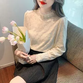 Шикарная кружевная блузка женская осенне-зимняя модная и омолаживающая рубашка с кружевным пэчворком, элегантная и универсальная M абрикосовый