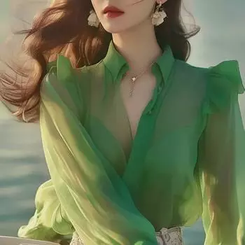 Шикарная летняя блузка из шелкового шифона цвета мяты и зеленого мамбо - французский дизайн L зелёный