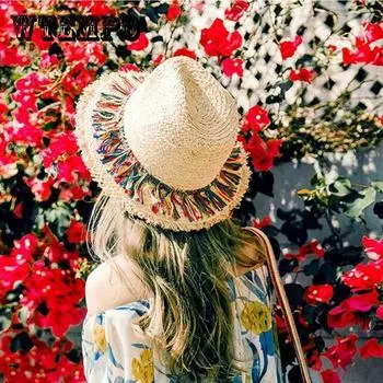Шикарная летняя пляжная соломенная шляпа для женщин — защита от солнца, отделка кисточками, идеально подходит для отпуска и семейных прогулок ONE SIZE