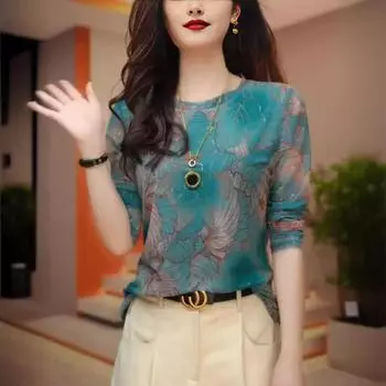 Шикарная маленькая рубашка для женщин, весенняя новинка, круглый вырез, длинный рукав, сетчатая футболка, базовая рубашка S