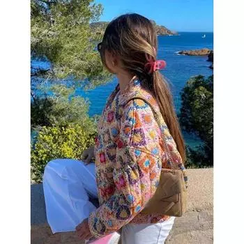 Шикарная многоцветная куртка с принтом для женщин, элегантное стеганое пальто с воротником-стойкой и длинными рукавами S