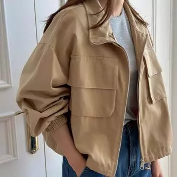 Шикарная осенняя новая бейсбольная куртка с большим карманом в стиле BF, повседневная, на молнии, с оснасткой, короткая куртка с воротником-стойкой M армия зеленый