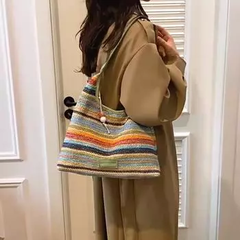 Шикарная полосатая плетеная сумка через плечо для девочек и женщин, большая вместительная летняя пляжная соломенная сумка-тоут для повседневного использования и отдыха 31x10x22cm зелёный