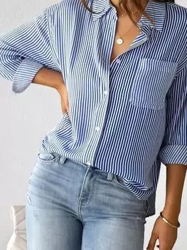 Шикарная рубашка с длинным рукавом в полоску - Женская повседневная одежда с карманом и застежкой на пуговицах спереди - Идеально для повседневной носки S королевский синий