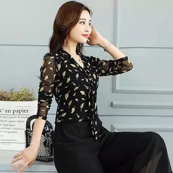 Шикарная сетчатая рубашка с V-образным вырезом и цветочным принтом, с длинным рукавом для женщин L