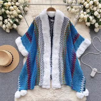 Шикарная шаль в этническом стиле, цветная шаль, свитер, куртка, женская лоскутная мягкая теплая накидка с комочками волос, плащ, вязаный кардиган One Size розовый