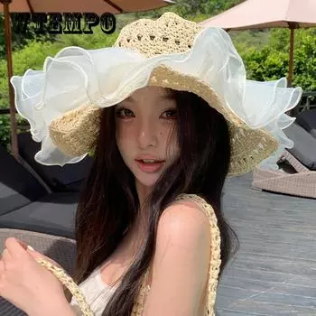 Шикарная соломенная шляпа от солнца с волнистым краем для женщин — дышащая, с защитой от ультрафиолета, модный дизайн в форме ведра с кружевным бантом one size бежевый