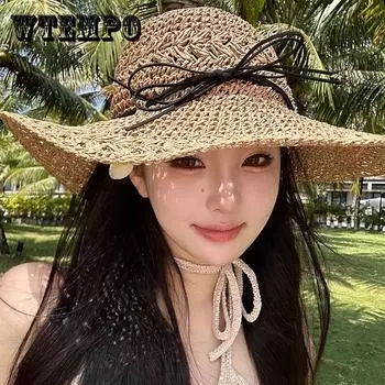 Шикарная соломенная шляпа от солнца в стиле бохо с бантом — широкие поля, защита от ультрафиолета, идеально подходит для пляжа и путешествий — женская мода one size