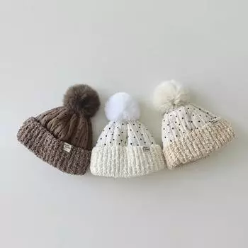 Шикарная теплая детская шапка для мальчика и девочки, простая, черная, в горошек, детская вязаная шапка Fury Ball, осень-зима, утолщенная, плюшевая, хлопковая шапочка