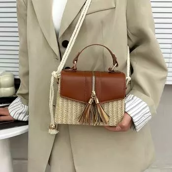 Шикарная тканая сумка на плечо в стиле бохо | Кошелек через плечо из искусственной кожи и соломы с кисточкой | Модная летняя пляжная сумка | Универсальный маленький кошелек для денег чёрный