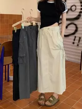 Шикарная юбка-карго с завязками на карманах, женская летняя ретро-юбка с высокой талией и разрезом Gyaru, длинная юбка, модная уличная одежда Harajuku, новинка XL серый