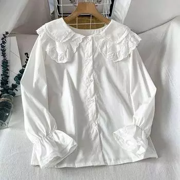 Шикарная винтажная рубашка с длинным рукавом из французского кружева и воротником-стойкой, женская повседневная блузка с рукавами-фонариками на весну и осень S белый
