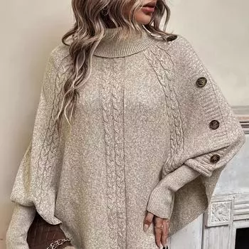 Шикарная вязаная шаль с высоким воротом большого размера — повседневный однотонный цвет, отделка пуговицами, машинная стирка — идеально подходит для осени/зимы S хаки