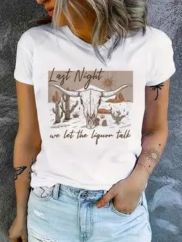 Шикарная женская хлопковая футболка белого цвета с короткими рукавами, 6 индивидуальными узорами, круглый вырез S