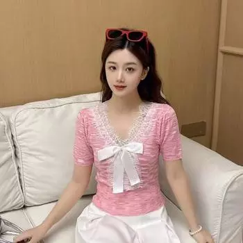 Шикарная женская трикотажная футболка с кружевом и бантом: Омолаживающий, Сладкий и пряный, С коротким рукавом One size (recommended up to 125 jin) розовый