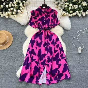 Шикарное элегантное облегающее платье с отложным воротником и принтом съедобных древесных грибов и короткими рукавами, модные тонкие летние платья One Size розовый/красный